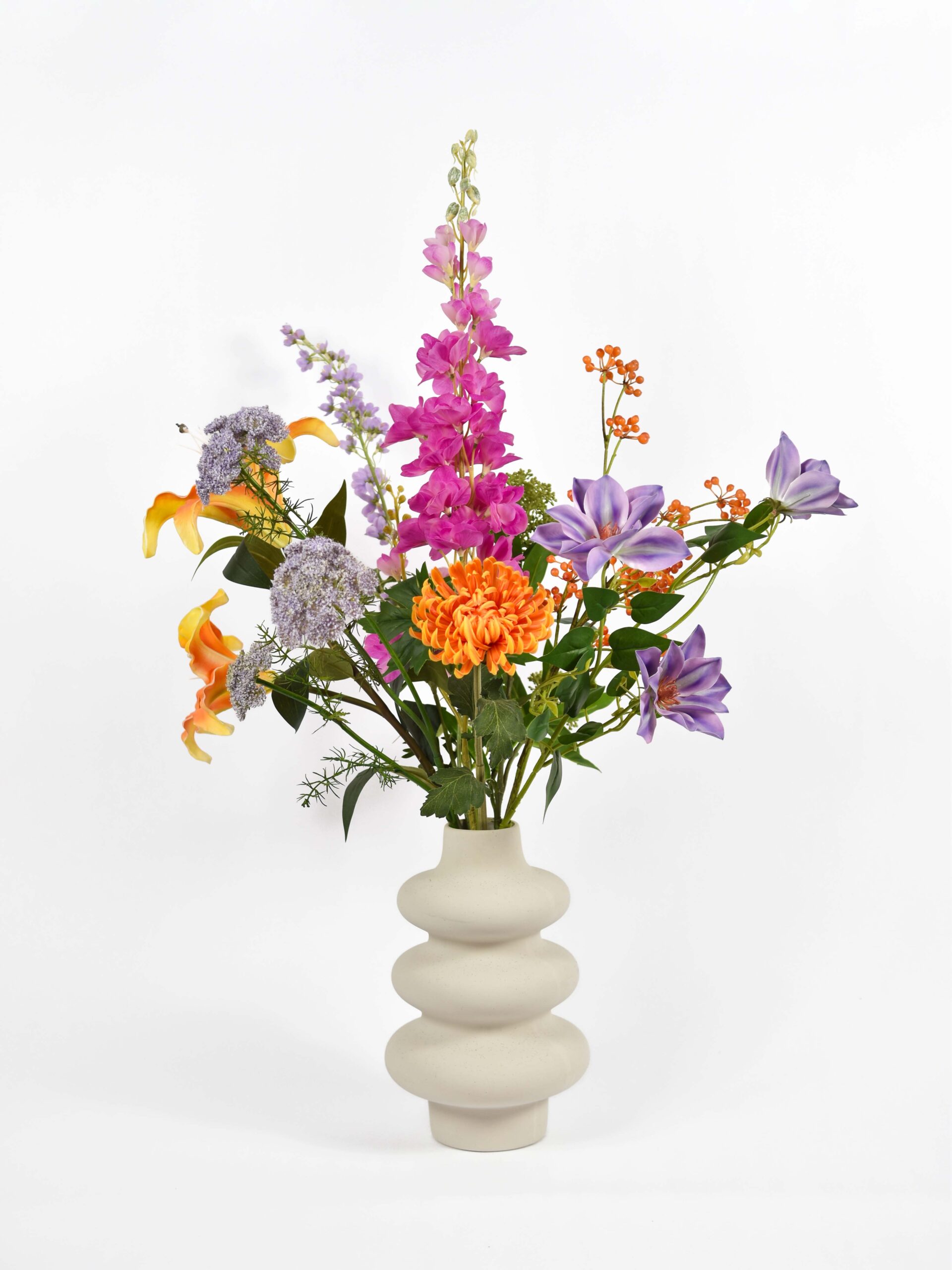 Kunstboeket Debbie Real Touch. Oranje, roze en paars. Kunstbloemen